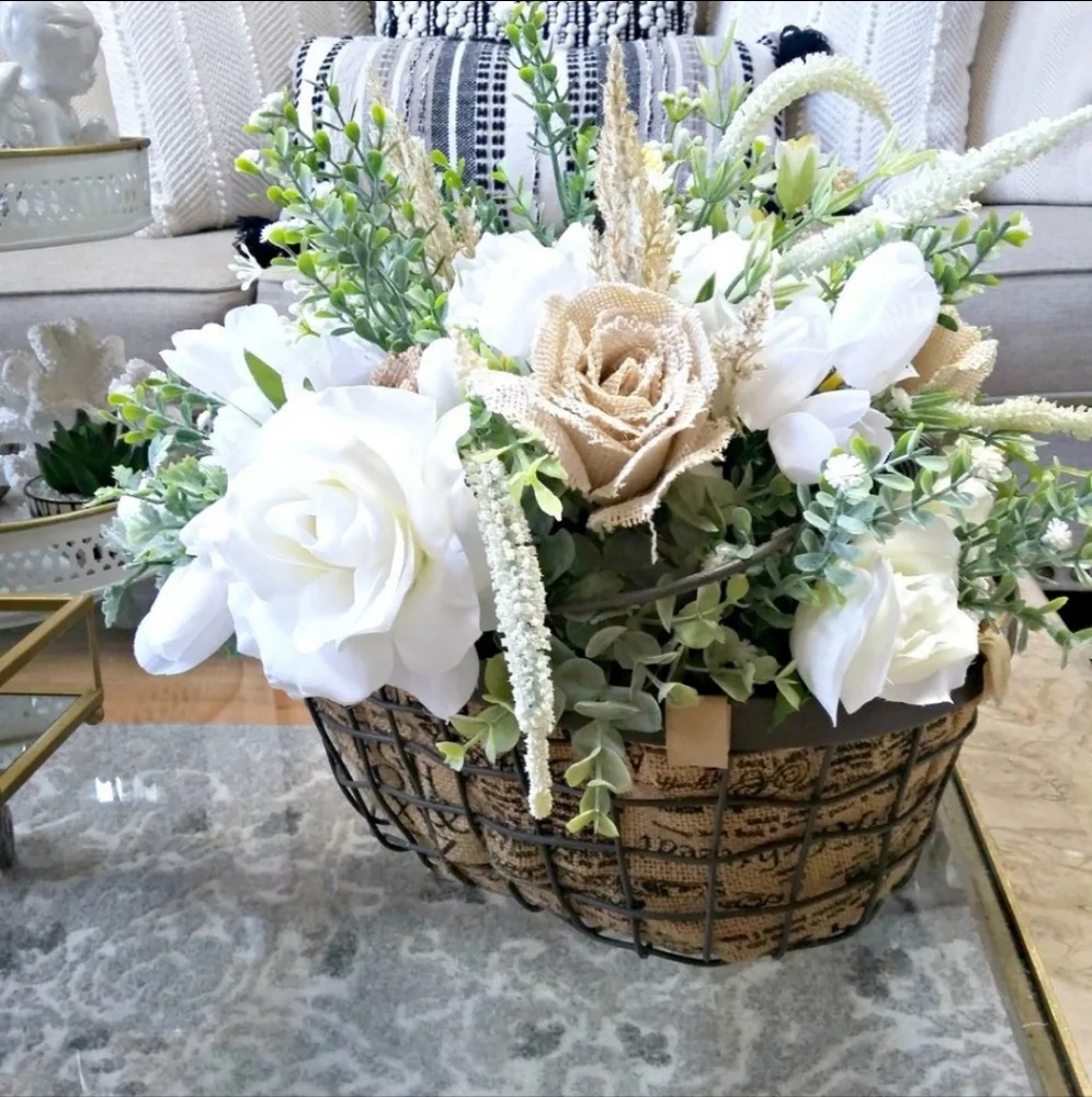 🧺 RUSTIC French COTTAGE Wire BASKET Burlap ROSES DECOR 🧺